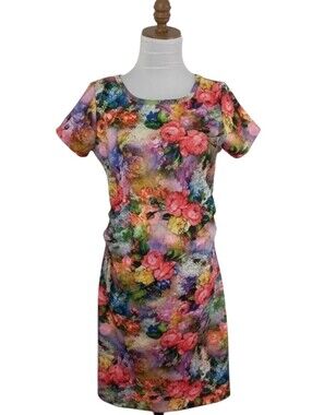 Vintage 90s Y2K Anticipation Women's Multicolored Floral Ruched Dress size Sm